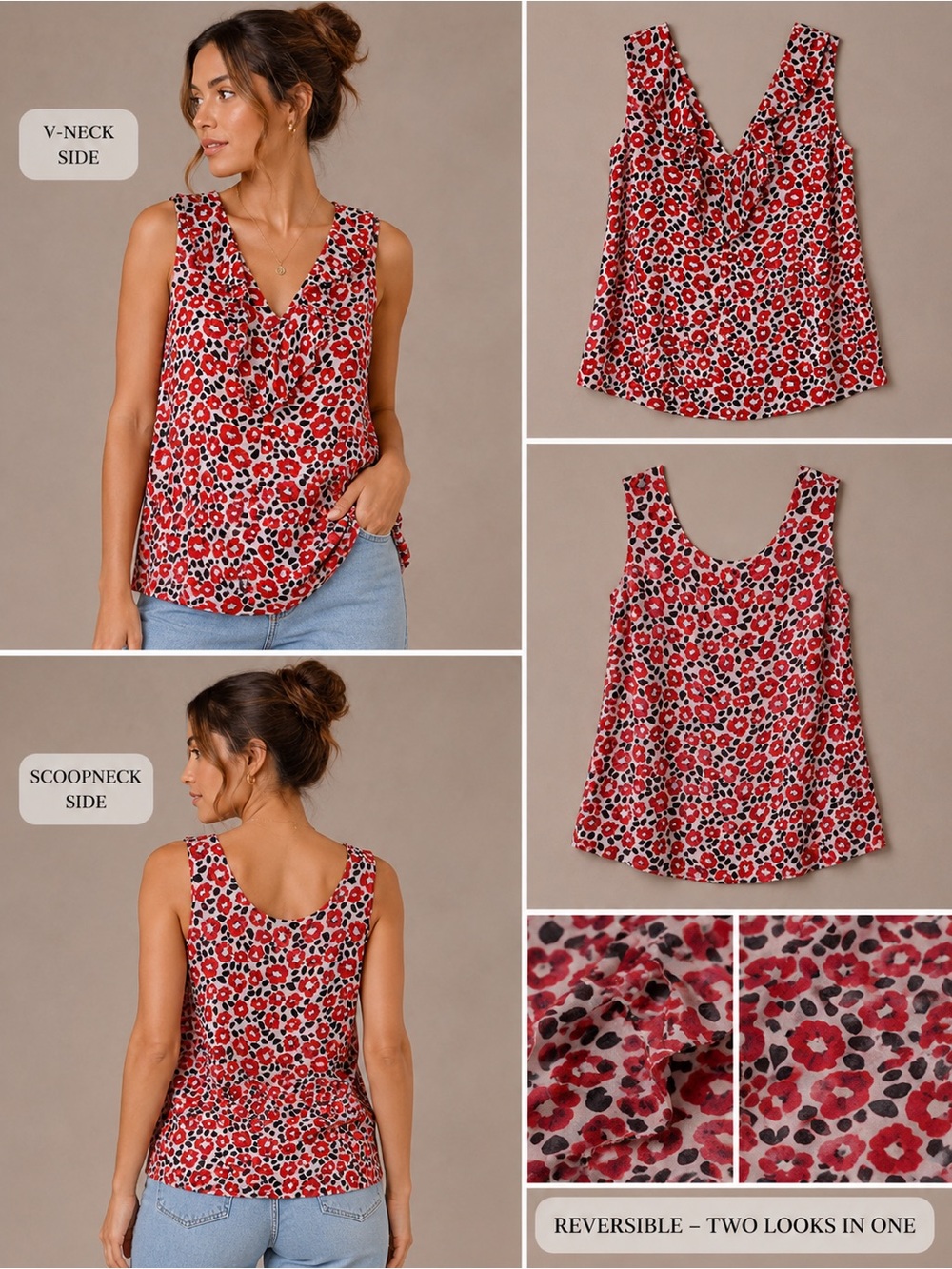 CAbi Red Black Floral-Print Scoop Tank Flipside Reversible Ruffle Sleeveless Top